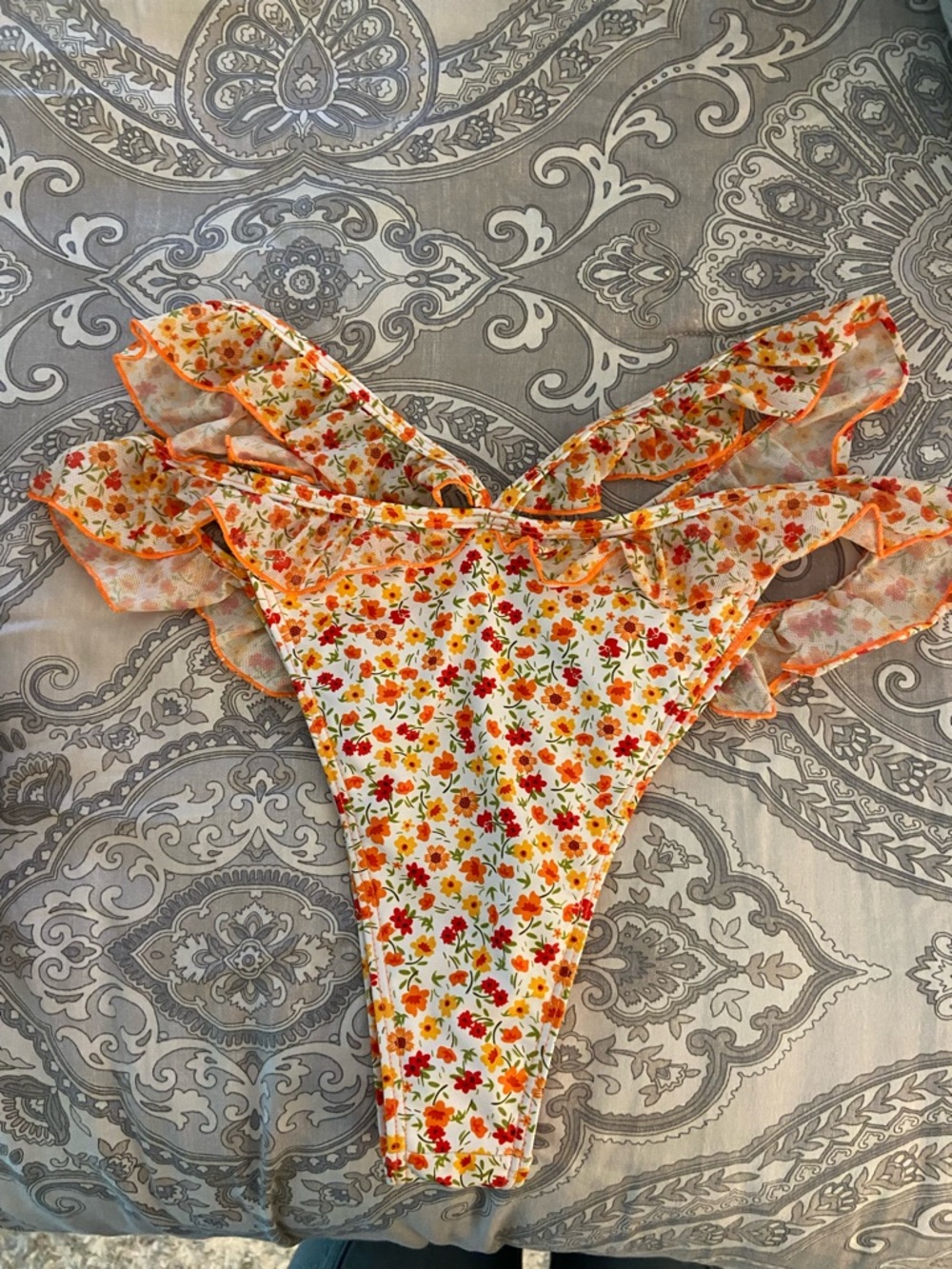 Floral Ruffle String Bikini Top - Orange Multi - Picture 3 of 5